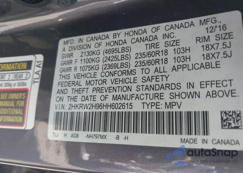 2017 Honda Cr-V Touring из США, поврежденный, VIN 2HKRW2H96HH602615